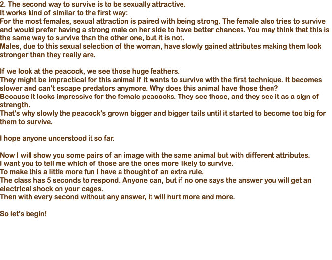 2. The second way to survive is to be sexually attractive. It works kind of similar to the first way: For the most females, sexual attraction is paired with being strong. The female also tries to survive and would prefer having a strong male on her side to have better chances. You may think that this is the same way to survive than the other one, but it is not. Males, due to this sexual selection of the woman, have slowly gained attributes making them look stronger than they really are. If we look at the peacock, we see those huge feathers. They might be impractical for this animal if it wants to survive with the first technique. It becomes slower and can't escape predators anymore. Why does this animal have those then? Because it looks impressive for the female peacocks. They see those, and they see it as a sign of strength. That's why slowly the peacock's grown bigger and bigger tails until it started to become too big for them to survive. I hope anyone understood it so far. Now I will show you some pairs of an image with the same animal but with different attributes. I want you to tell me which of those are the ones more likely to survive. To make this a little more fun I have a thought of an extra rule. The class has 5 seconds to respond. Anyone can, but if no one says the answer you will get an electrical shock on your cages. Then with every second without any answer, it will hurt more and more. So let's begin!